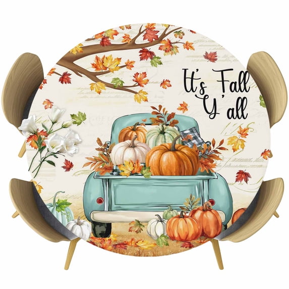 Thanksgiving Round Tablecloth, Fitted Table Cover with Elastic for 55"-60" Round Tables, Retro Pumpkin Truck Maple Leaf Branch Table Cloth Outdoor Indoor Dinning Party Waterproof Tablecloths