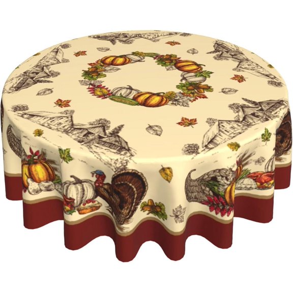 Thanksgiving Round Tablecloth Rustic Fall Turkey Autumn Pumpkins Harvest Reusable Heat Resistant Waterproof Table Cloth Cover 60Inch for Kitchen Dining Holiday Farmhouse Decor