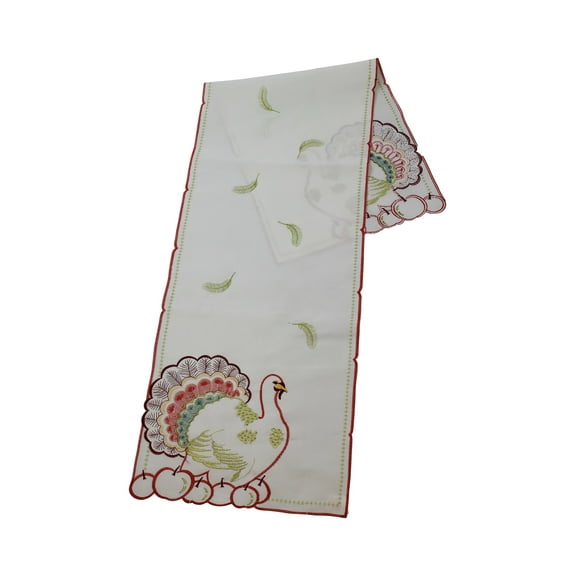 Thanksgiving Runner - Embroidered Turkey & Cherries With Gold Stars Border