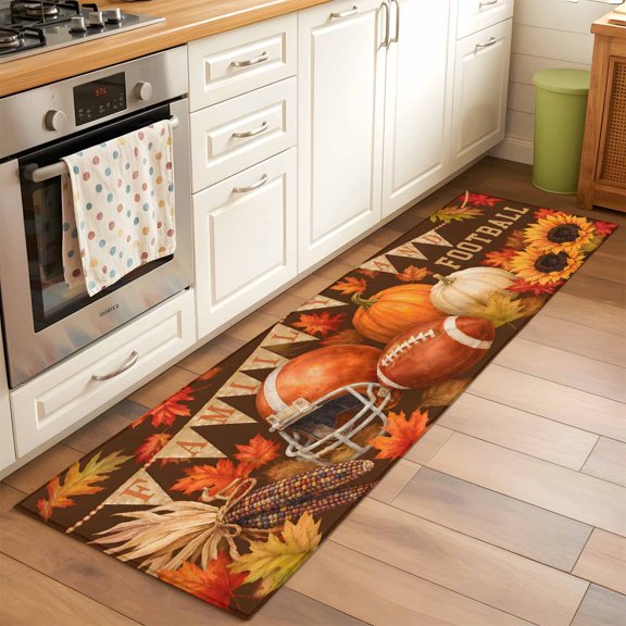 Thanksgiving Runner Rugs 2x6ft Fall Sports Football Helmet Pumpkins Maple Leaf Washable Rug, Non Slip Indoor Carpet Absorbent Floor Mat for Living Room Bedroom Dining Room