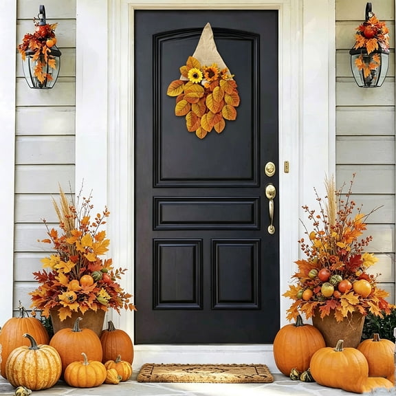 Thanksgiving Rustic Gnome Hanging Ornament with Fall Leaves & Flowers, Pointed Hat No Face Gnome Wall Decor, Festive Front Door Decoration for Porch Entryway Home Holiday, Multicolor
