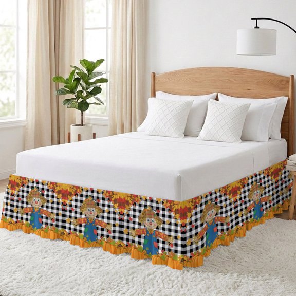 Thanksgiving Scare Crow Bed Skirt California King Size 16 Inch Drop, Vintage Pumpkin Leaf Black Plaid Adjustable Elastic Dust Ruffles Bedskirt Wrap Around Pleated Mattress Frame Cover