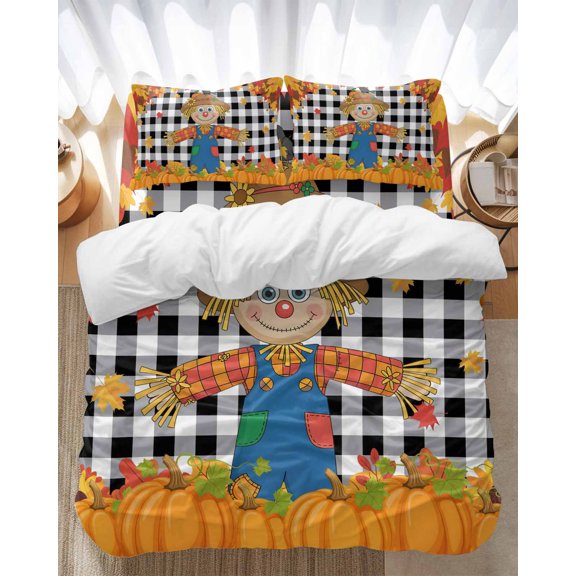 Thanksgiving Scare Crow Bedding Duvet Cover Set Twin Size 4 Pieces Vintage Pumpkin Leaf Black Plaid Bedding Set with Zipper Closure, 1 Comforter Cover 68x86 Inches 1 Flat Sheet & 2 Pillow Cases