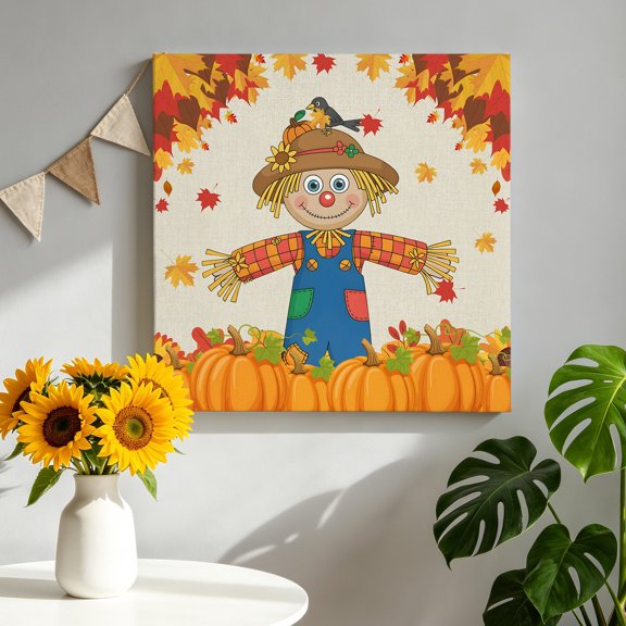 Thanksgiving Scare Crow Canvas Wall Art for Living Room, Vintage Pumpkin Leaf Linen Texture Poster Print Painting for Bedroom Office Home Decoration Wall Pictures Prepare To Hang 8"x8"