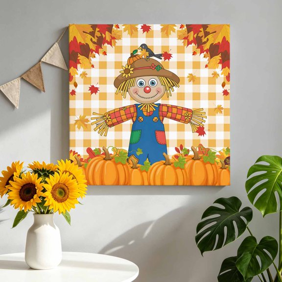 Thanksgiving Scare Crow Canvas Wall Art for Living Room, Vintage Pumpkin Leaf Orange Plaid Poster Print Painting for Bedroom Office Home Decoration Wall Pictures Prepare To Hang 8"x8"