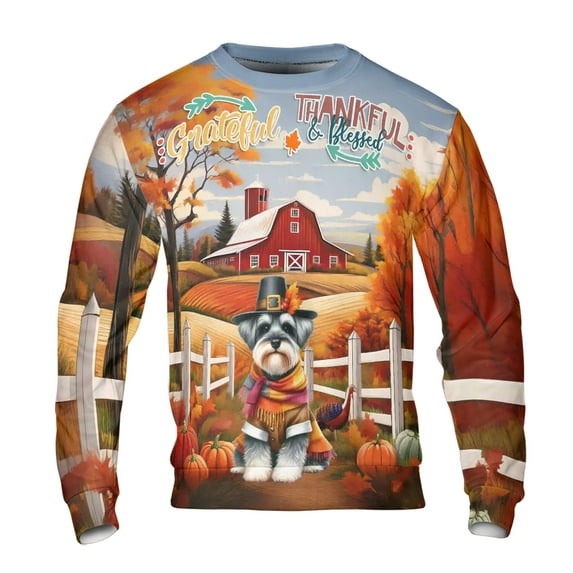 Thanksgiving Schnauzer Pilgrim Grateful, Thankful, Blessed Fall Welcome All Over Print 3D Sweatshirt Unisex Merch Miniature Schnauzer Dog Lover - 00021