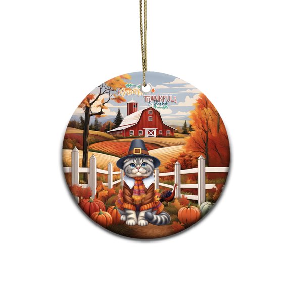 Thanksgiving Scottish Fold Pilgrim Grateful, Thankful, Blessed Fall Welcome Ceramic Round Ornament Cat Lover Kitten Owner Gifts Home Tree Decor - 00021