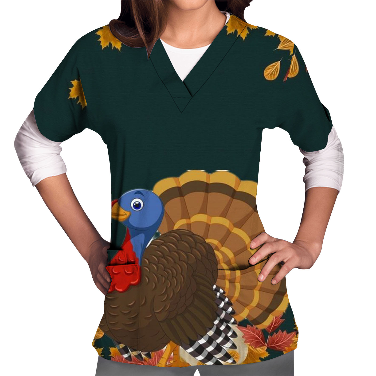 Thanksgiving Scrub Tops for Women, Women's Three Pockets Thanksgiving Print Short Sleeve V Neck