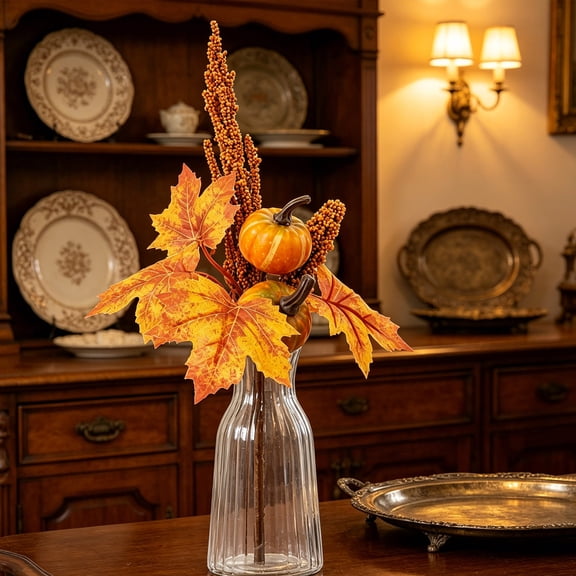 Thanksgiving Seasonal Decor with Artificial Pumpkin and Maple Leaf Arrangement, Home Festival Decorative Bouquet for Table Centerpiece, Reusable Fall Harvest Display, 3-Dimensional Holiday Ornament