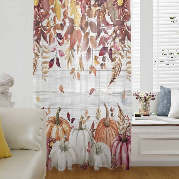 Thanksgiving Semi Sheer Curtains Drapes for Living Room, Bedroom, French Doors Window 108 Inches Long, Fall White Orange Pumpkin Leaves Wooden Rod Pocket Chiffon Curtain Drapery Voile Drape Panel