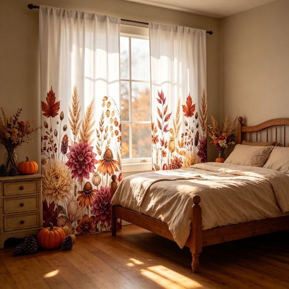Thanksgiving Semi Sheer Curtains, Fall Harvest Window Drapes, Seasonal Motif Light Filtering Panels, Rod Pocket Voile