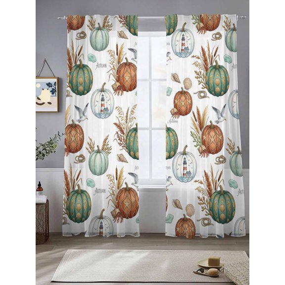 Thanksgiving Sheer Curtains 108 inches Long, Nautical Pumpkin Lighthouse Pumpkin Shell Coral Bird Light Filtering Sheer Window Curtains Rod Pocket Voile Drapes for Bedroom Living Room, 2 Panels