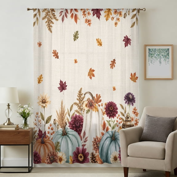 Thanksgiving Sheer Curtains 45 Inches Long, Farmhouse Retro Pumpkin Flowers Leaves Light Filering Curtains, Breathable Simi Curtain Privacy Drapes for Kitchen Bathroom Lightweight Window Treatment