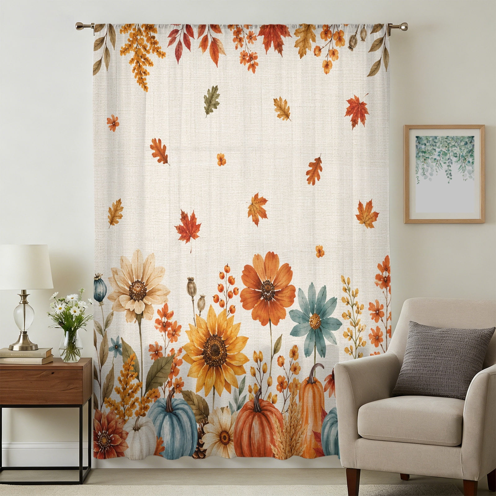 Thanksgiving Sheer Curtains 54 Inches Long, Fall Pumpkins Wildflowers