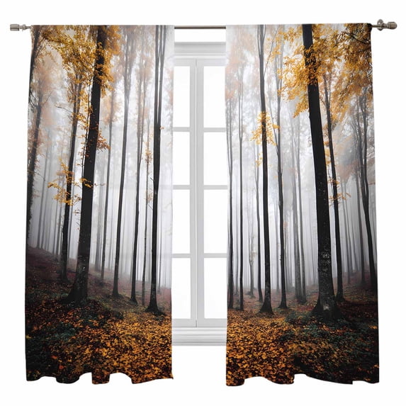 Thanksgiving Sheer Curtains 63 inches Long, Fall Retro Yellow Maple Leaf Tree Forest Light Filtering Sheer Window Curtains Rod Pocket Voile Drapes for Bedroom Living Room, 52"W x 63"L 2 Panels
