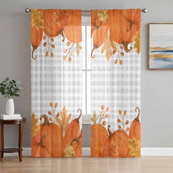 Thanksgiving Sheer Curtains 84 Inches Long, Fall Pumpkin Berry Maple Leaves Grey Grid Light Filtering Window Curtains for Living Room, Rod Pocket Voile Sheer Curtain Drapes, 52"W x 84"L, 2 Panels
