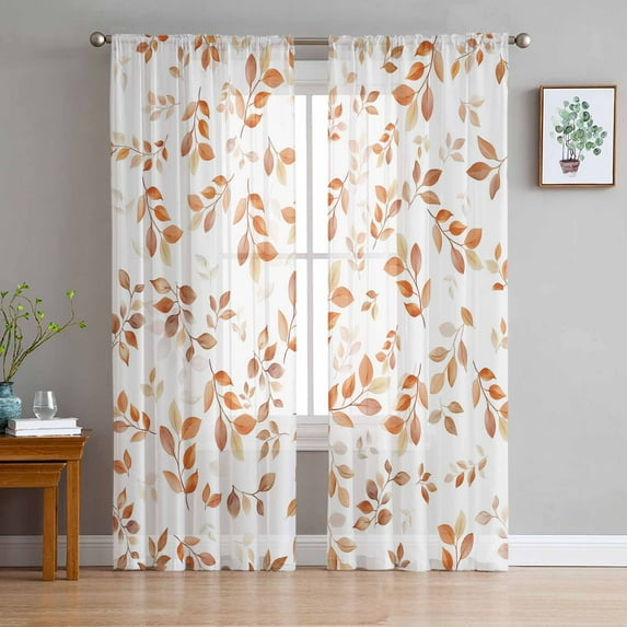 Thanksgiving Sheer Curtains 84 inches Long 2 Panels Set Fall Leaf Orange Leaves Watercolor Plant Autumn Tiers Sheers Rod Pocket Small Window Short Curtains for Kitchen Cafe, Each 52" W x 84" L