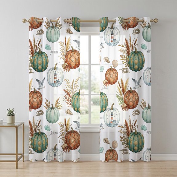 Thanksgiving Sheer Curtains 96 Inch Long 2 Panels, Nautical Pumpkin Lighthouse Pumpkin Shell Coral Bird Light Filtering Semi Sheer Drapes Grommet Voile Window Curtain for Living Bedroom W52 x L96
