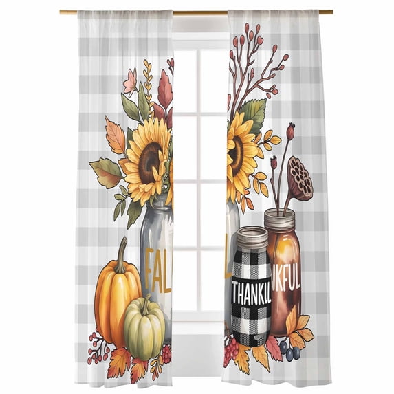 Thanksgiving Sheer Curtains 96 inches Long, Sunflower Fall Pumpkin Bottle Plant Gray Plaid Light Filtering Sheer Window Curtains Rod Pocket Voile Drapes for Bedroom Living Room, 52"W x 96"L 2 Panels