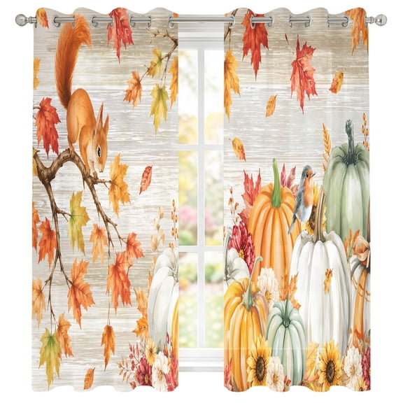 Thanksgiving Sheer Curtains for Kitchen 39 inch Length 2 Panels Set, White Orange Pumpkins Squirrel Bird Maple Leaf Wooden Grommet Short Window Treatments Light Filtering Drapes 27.5" x 39"