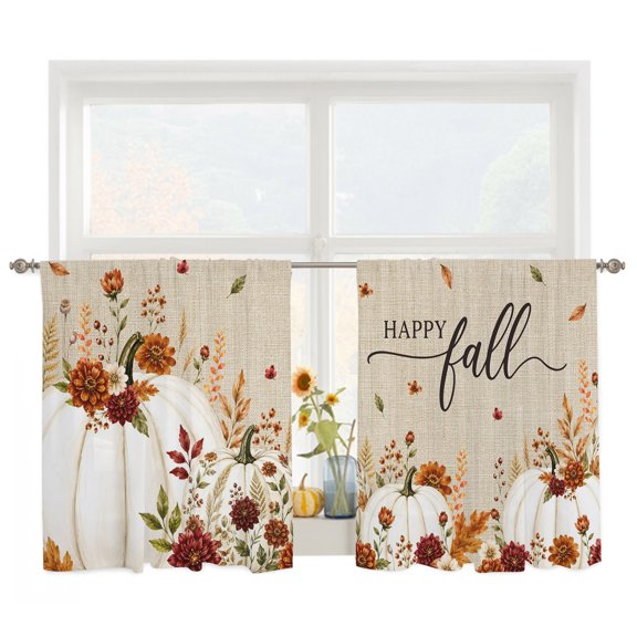 Thanksgiving Sheer Curtains for Living Room Bedroom, Fall White Pumpkin Red Maroon Dahlia Linen Texture Light Filtering Sheer Curtain Rod Pocket Voile Window Treaments Drapes, 52 x 45 Inches