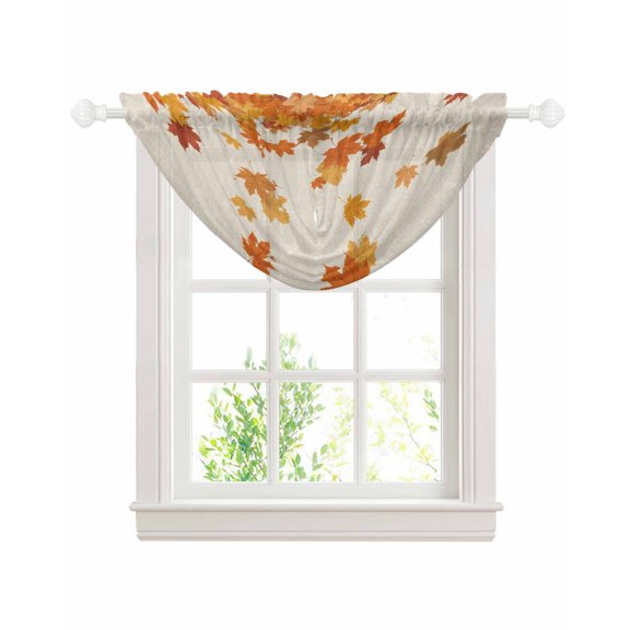 Thanksgiving Sheer Waterfall Valance Curtains for Window, Retro Orange Fall Maple Leaves Autumn Rod Pocket Sheer Topper Swag Curtains for Living Room, Kitchen 38.5"W x 47.2"L, 1 Panel