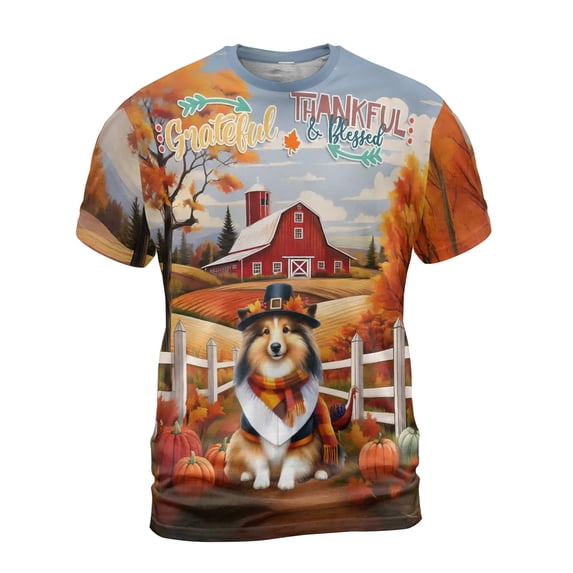 Thanksgiving Shetland Sheepdog Pilgrim Grateful, Thankful, Blessed Fall Welcome All Over Print 3D Shirt Unisex Merch Sheltie Dog Lover Gifts - 00021