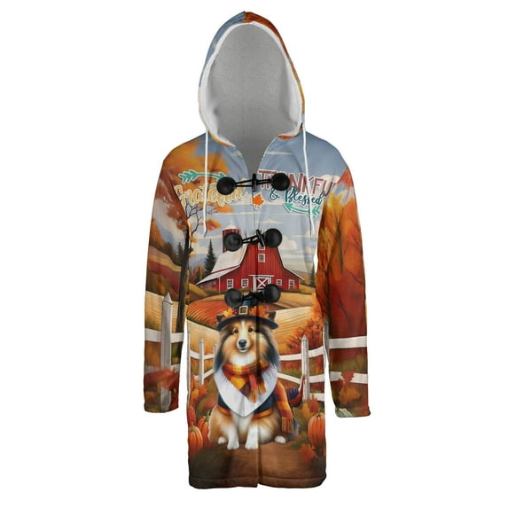 Thanksgiving Shetland Sheepdog Pilgrim Grateful, Thankful, Blessed Fall Welcome All Over Print 3D Hooded Duffle Toggle Coat Sheltie Dog Lover Gifts - 00021