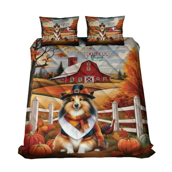 Thanksgiving Shetland Sheepdog Pilgrim Grateful, Thankful, Blessed Fall Welcome Quilt Bedding Set Sheltie Dog Lover Gifts 1 Blanket Bed Cover 2 Pillowcases - 00021