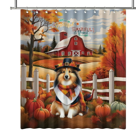 Thanksgiving Shetland Sheepdog Pilgrim Grateful, Thankful, Blessed Fall Welcome Shower Curtain Sheltie Dog Lover Gifts Waterproof Bathroom Bathtub Curtain - 00021