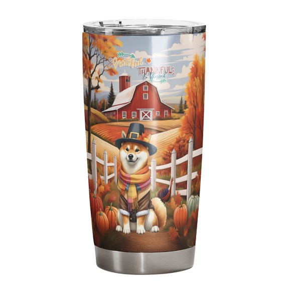 Thanksgiving Shiba Inu Pilgrim Grateful, Thankful, Blessed Fall Welcome 20oz Stainless Steel Tumbler Insulated Cup with Lid Shibas Dog Lovers Gifts Idea - 00021
