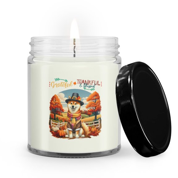 Thanksgiving Shiba Inu Pilgrim Grateful, Thankful, Blessed Fall Welcome Soy Wax Candle Shibas Dog Lovers Gifts Idea 9oz White Birch & Black Pepper Candle - 00021