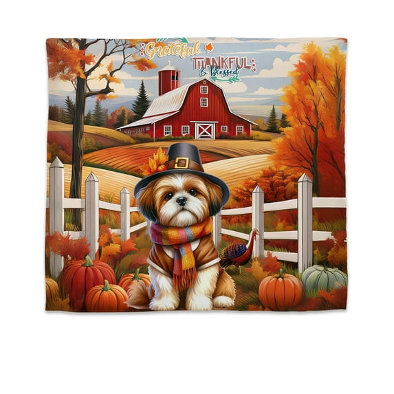 Thanksgiving Shih Tzu Pilgrim Grateful, Thankful, Blessed Fall Welcome Tapestry Lion Dog Lover Gifts Wall Hanging Backdrop Home Decor - 00021