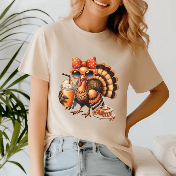 Thanksgiving Shirt,Turkey Drinking Coffee Bow,Turkey Day Tshirt