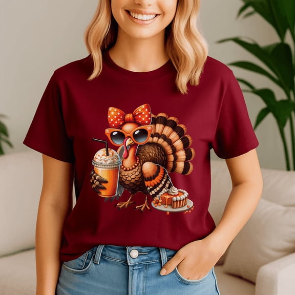 Thanksgiving Shirt,Turkey Drinking Coffee Bow,Turkey Day Tshirt