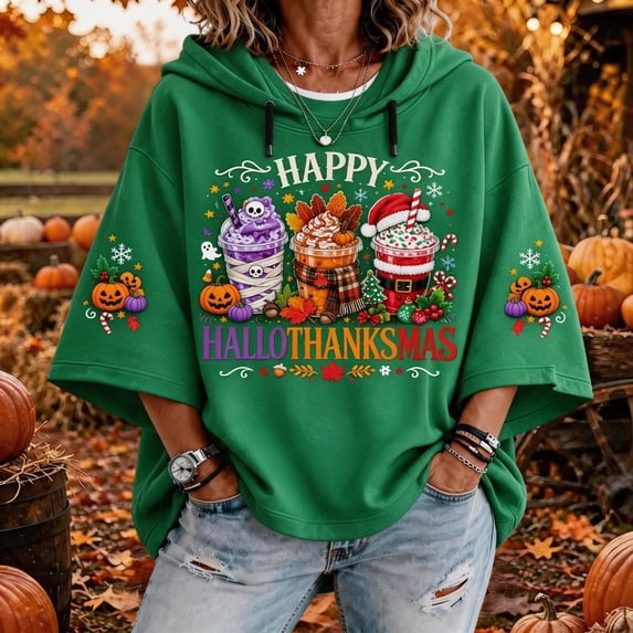 Thanksgiving Shirts for Women Happy Hallothanksmas Halloween Christmas 3/4 Sleeve Hooded Sweatshirt Graphic Tee Tops