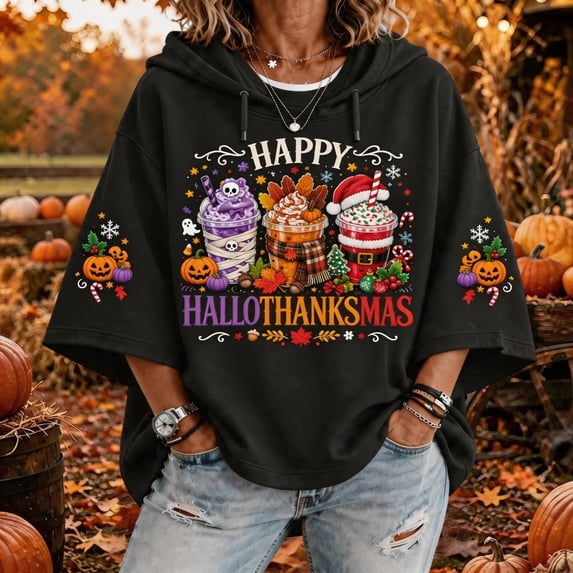 Thanksgiving Shirts for Women Happy Hallothanksmas Halloween Christmas 3/4 Sleeve Hooded Sweatshirt Graphic Tee Tops