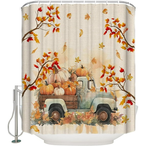 Thanksgiving Shower Curtain for Bathroom 72" x 84" Fall Pumpkin Truck Maple Leaves Autumn Shower Curtain with Hooks Polyester Waterproof Home Bathtub Decor