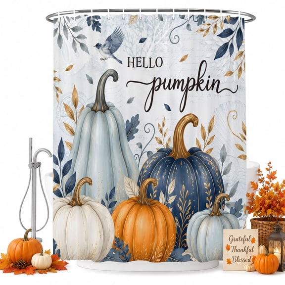Thanksgiving Shower Curtain for Bathroom, Fall Deep Navy White Blue Pumpkin Leaf Boho Vintage Waterproof Cloth Fabric Bathroom Accessories Set with 9 Rust Proof Plastic Hooks, 36"x72"