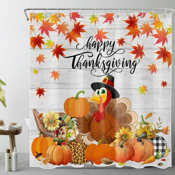 Thanksgiving Shower Curtain for Bathroom, Fall Maple Leaves Pumpkins Sunflower and Turkey on Rustic Wood Boards Shower Curtain with Hooks, Autumn Holiday Shower Curtain Set, 72X72 inch