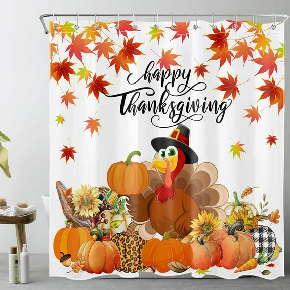 Thanksgiving Shower Curtain Fall Maple Leaves Pumpkins Sunflower and Turkey Shower Curtain for Bathroom, Autumn Holiday Shower Curtain with Hooks Bathtub Decorations, 72W X 72H inches