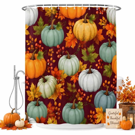Thanksgiving Shower Curtain Set - 48" x 72" Washable Bathtub Curtain with 12 Hooks, Brown Fall Green Orange Pumpkin Maple Leaves Waterproof Fabric Stall Shower Curtains for Bathroom/Bathtub Décor