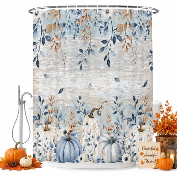 Thanksgiving Shower Curtain Set - Small 36" x 72" Washable Bathtub Curtain with 12 Hooks, Fall Blue White Pumpkin Leaves Wood Plank Waterproof Fabric Stall Shower Curtains for Bathroom/Bathtub Décor