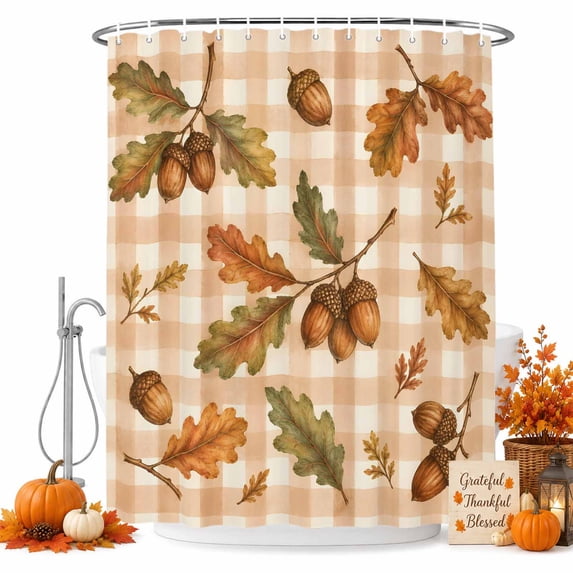 Thanksgiving Shower Curtain Set - Small 36" x 72" Washable Bathtub Curtain with 12 Hooks, Fall Farmhouse Leaves Cones Orange Plaid Waterproof Fabric Stall Shower Curtains for Bathroom/Bathtub Décor