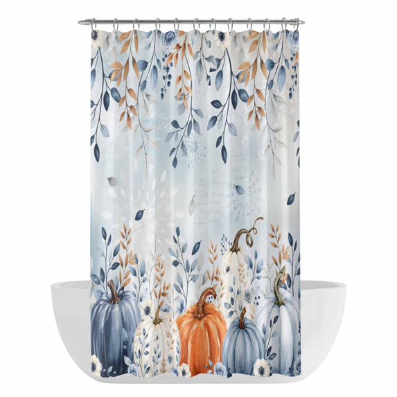 Thanksgiving Shower Curtain - Water Repellent Fabric Shower Curtains Washable, Fall Orange White Blue Pumpkin Leaves Floral Decorative Polyester Cloth Bathroom Curtains Modern Bath Decor 36"x72"