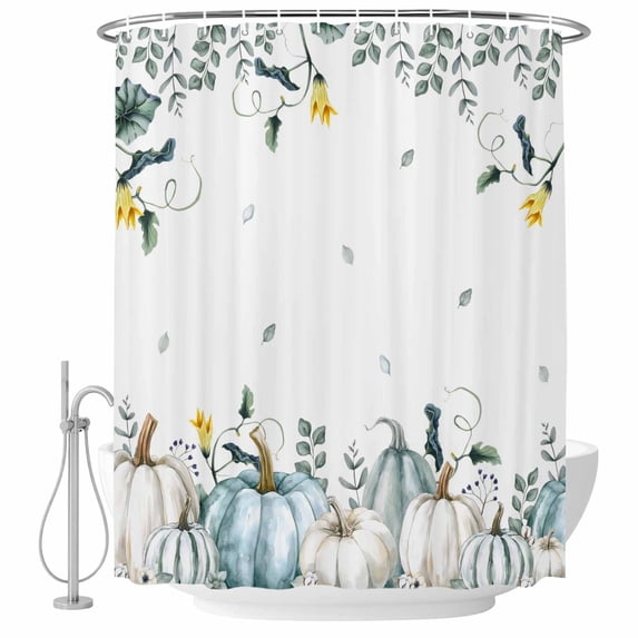 Thanksgiving Shower Curtain, Waterproof Shower Curtains for Bathroom, Blue White Pumpkin Autumn Fall Leaf Washable Fabric Bathtub Curtain Set Bath Decor with 12 Hooks 48"x72"