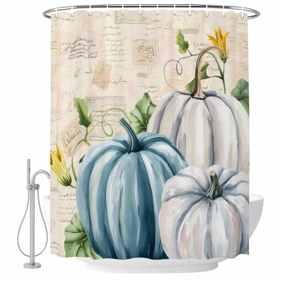 Thanksgiving Shower Curtain, Waterproof Shower Curtains for Bathroom, Country Blue White Pumpkin Leaf Flowers Washable Fabric Bathtub Curtain Set Bath Decor with 12 Hooks Standard 72"x72"