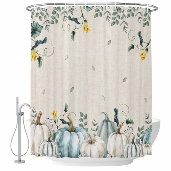 Thanksgiving Shower Curtain, Waterproof Shower Curtains for Bathroom, Fall Blue White Pumpkin Leaves Vintage Washable Fabric Bathtub Curtain Set Bath Decor with 12 Hooks Extra Long 72"x96"