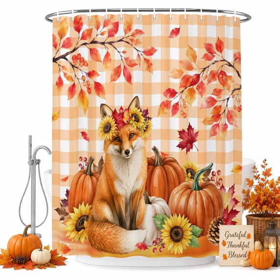 Thanksgiving Shower Curtain, Waterproof Shower Curtains for Bathroom, Fall Fox Flowers Maple Leaf Orange Plaid Washable Fabric Bathtub Curtain Set Bath Decor with 12 Hooks Stall 36"x72"