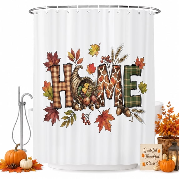 Thanksgiving Shower Curtain, Waterproof Shower Curtains for Bathroom, Fall Maple Leaves Plants Home Text Plaid Washable Fabric Bathtub Curtain Set Bath Decor with 12 Hooks Stall 36"x72"